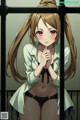 A girl in a green shirt and black panties standing behind bars.